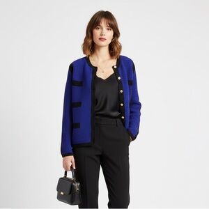 NWOT 100% Wool Chanel Style Cardigan Jacket Blue Chic South Wool Sweater M